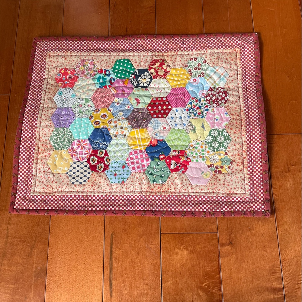Handmade Multicolor Hexagon Patchwork Quilt table top centerpiece